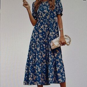 Pretty Garden Elegant Floral Blue Midi Dress